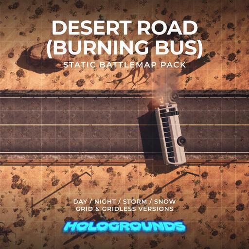 Desert Road Burning Bus Static Battlemaps Pack (4 Versions)