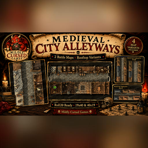 Medieval City Alleyways | Rooftop & Interior Battlemap Pack